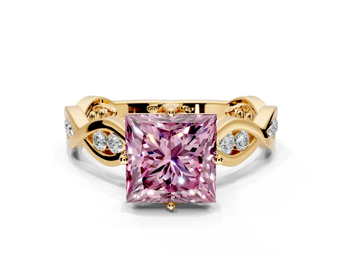 Solitaire Engagement Ring Setting for Fancy Pink Princess Cut Center with Accented Twist Band and Leaf Prong Head in Yellow Gold