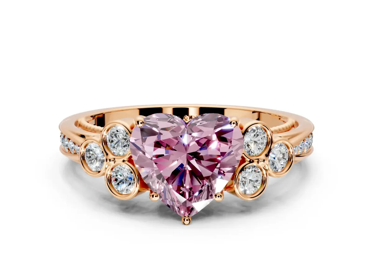 Cluster Engagement Ring Setting for Fancy Pink Heart-Shaped Center with Bezel Accent Clusters and Prong Head in Rose Gold