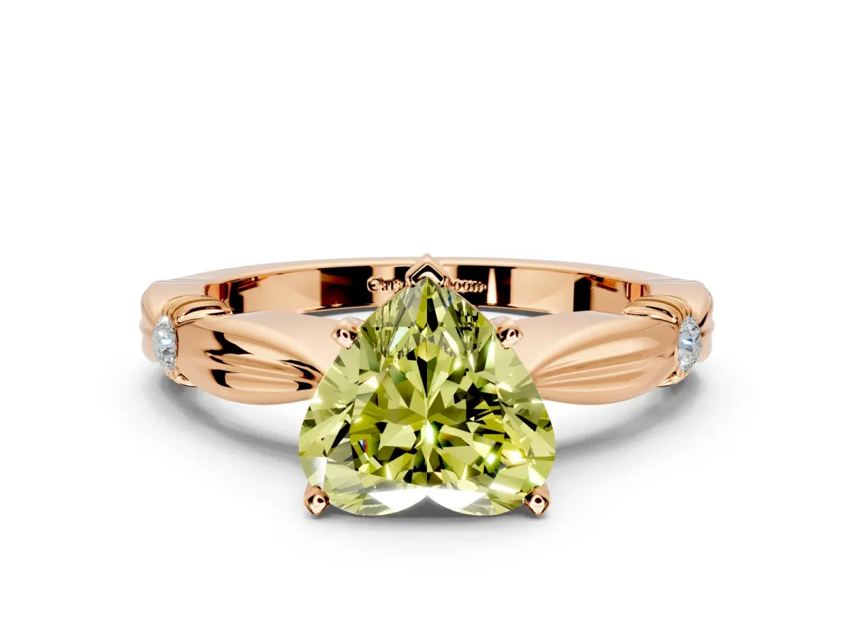 Solitaire Engagement Ring Setting for Fancy Yellow Heart-Shaped Center with Carved Leaf Shoulders and Prong Head in Rose Gold