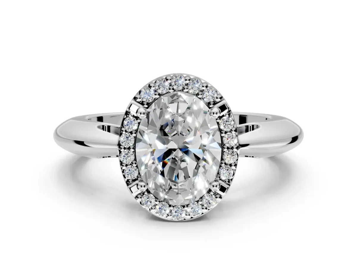 Halo Engagement Ring Setting for Oval Center with Tapered Plain Band and Prong Head in Sterling Silver