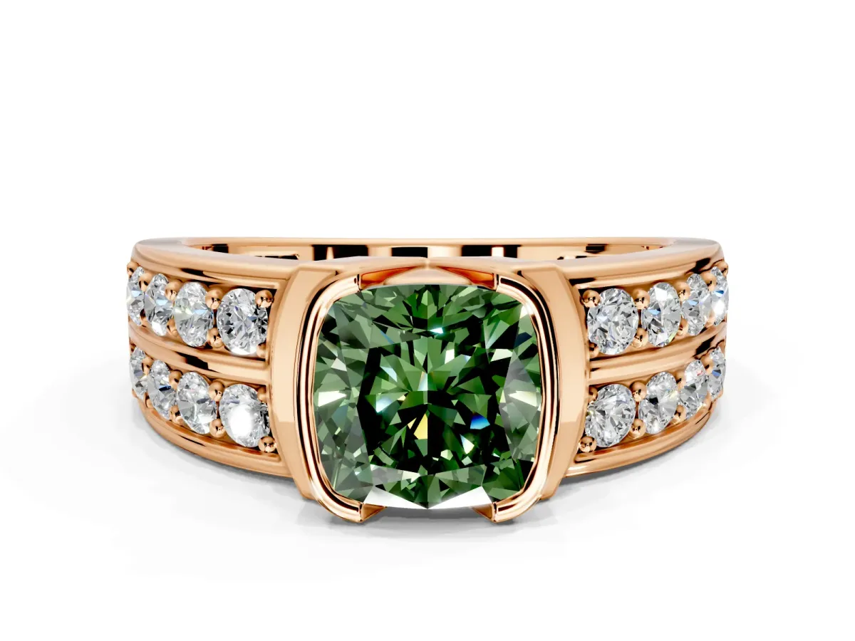 Bezel Engagement Ring Setting for Fancy Green Cushion Cut Center with Wide Channel-Set Band and Bezel Head in Rose Gold