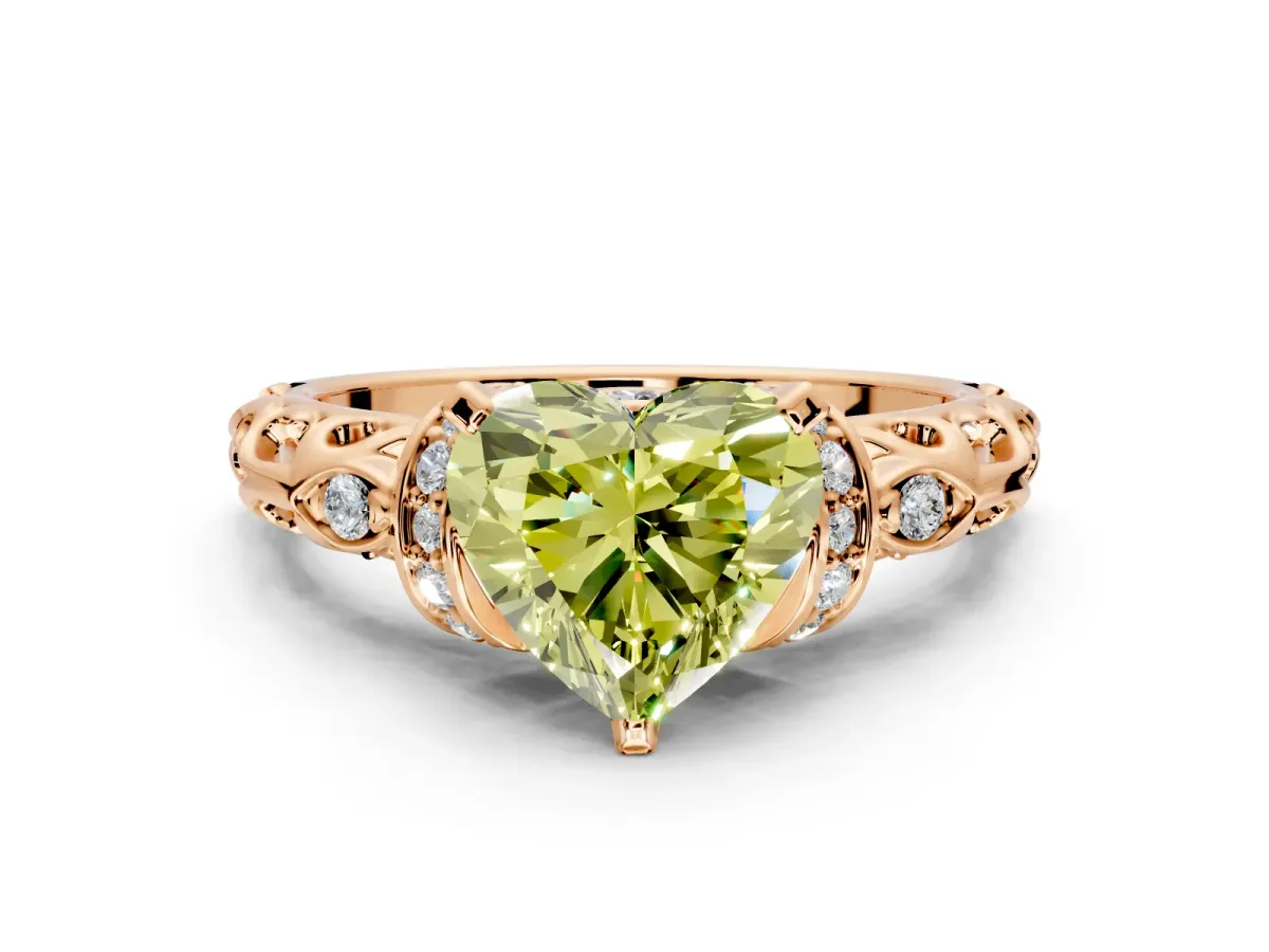 Solitaire Engagement Ring Setting for Fancy Yellow Heart-Shaped Center with Filigree Band and Prong Head in Rose Gold