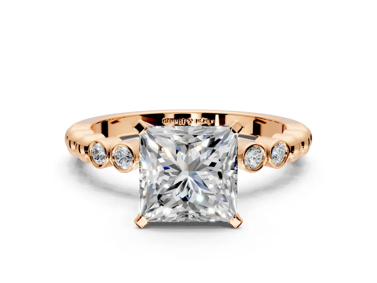 Solitaire Engagement Ring Setting for Princess Cut Center with Bezel-Dot Beaded Band and Prong Head in Rose Gold