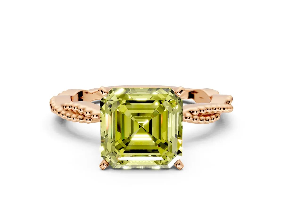 Solitaire Engagement Ring Setting for Fancy Yellow Asscher Cut Center with Twist Band and Bead Prong Head in Rose Gold