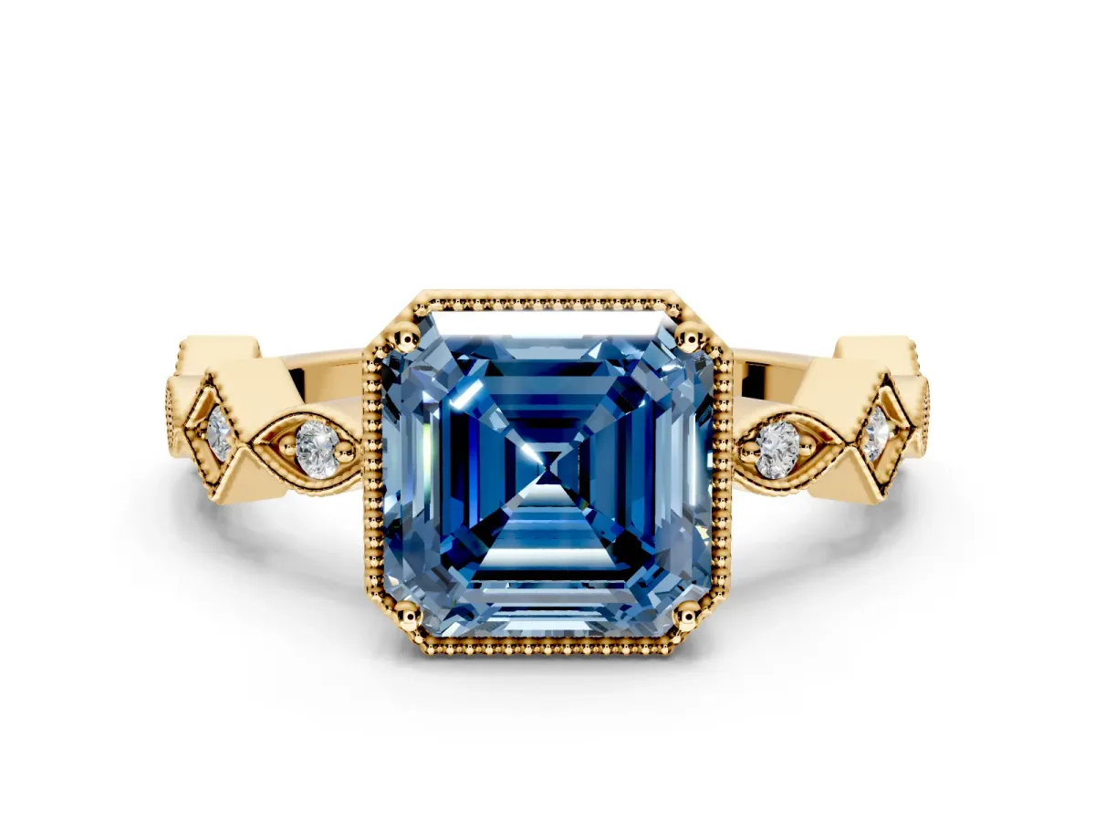 Milgrain Bezel Engagement Ring Setting for Fancy Blue Asscher Cut Center with Marquise Stations and Bezel Head in Yellow Gold