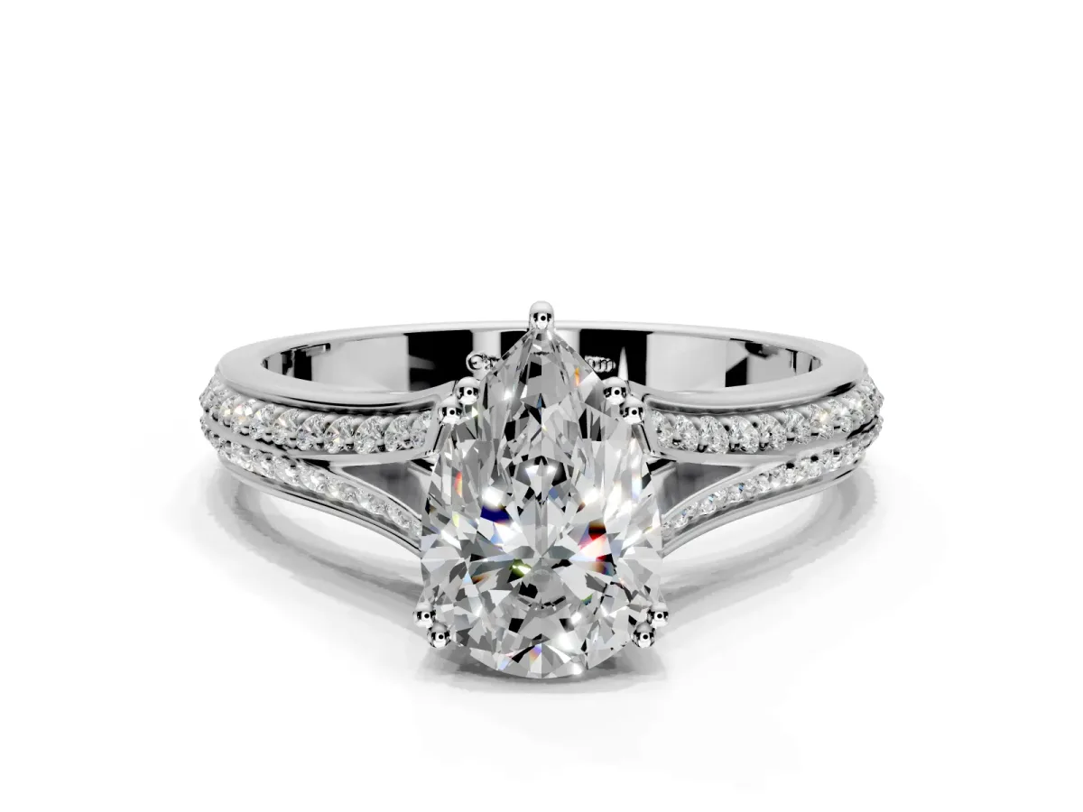 Solitaire Engagement Ring Setting for Pear-Shaped Center with Pave Rail Split Shank and Prong Head in Platinum