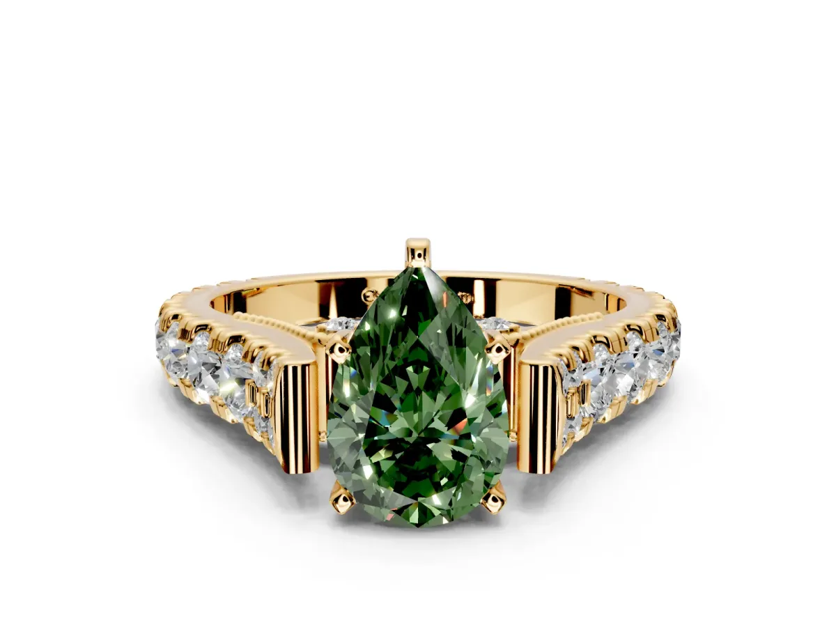 Solitaire Engagement Ring Setting for Fancy Green Pear-Shaped Center with Pave Cathedral Shoulders and Prong Head in Yellow Gold