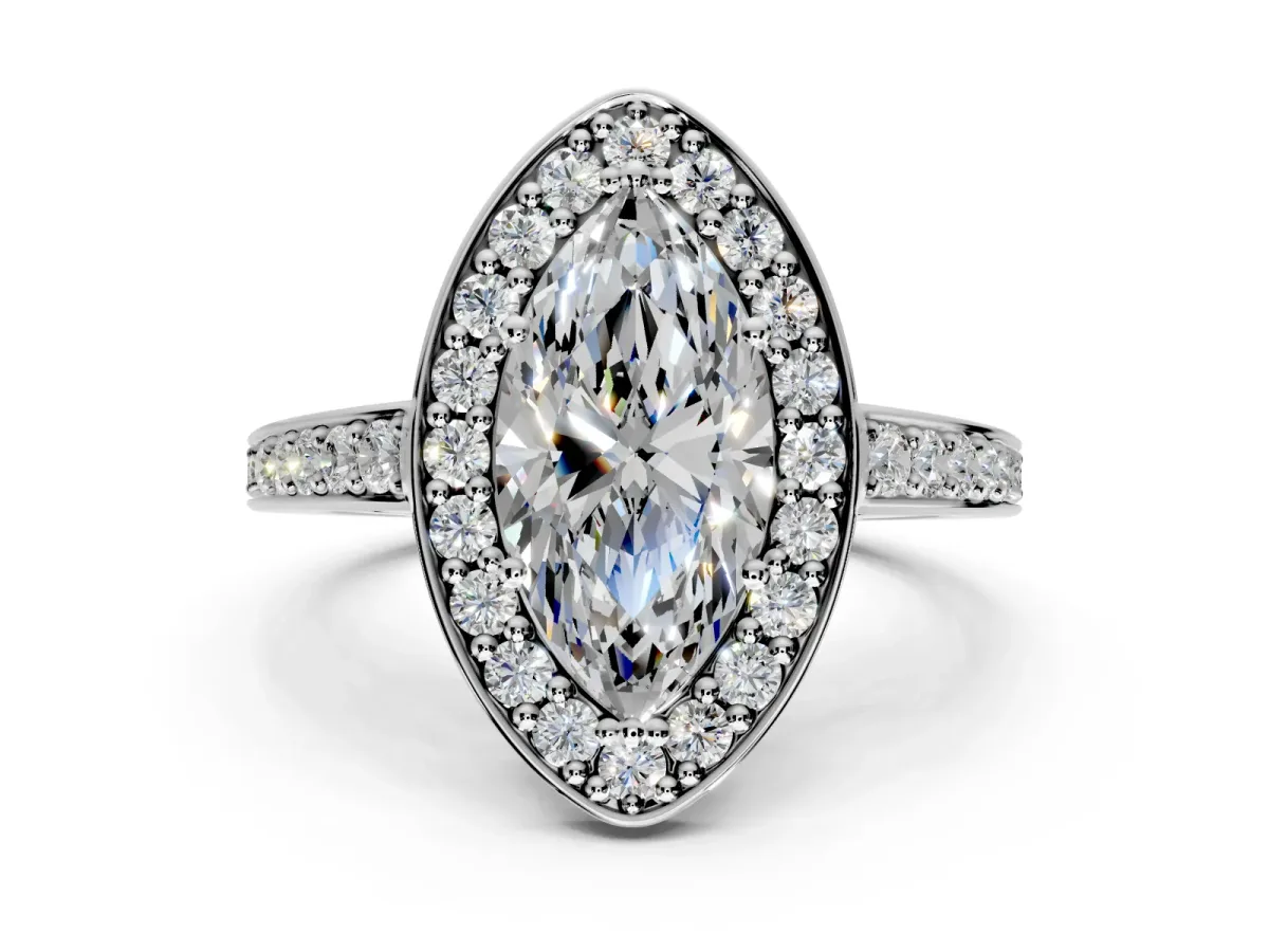 Bezel-Framed Halo Engagement Ring Setting for Marquise Center with Pave Band and Prong Head in Platinum