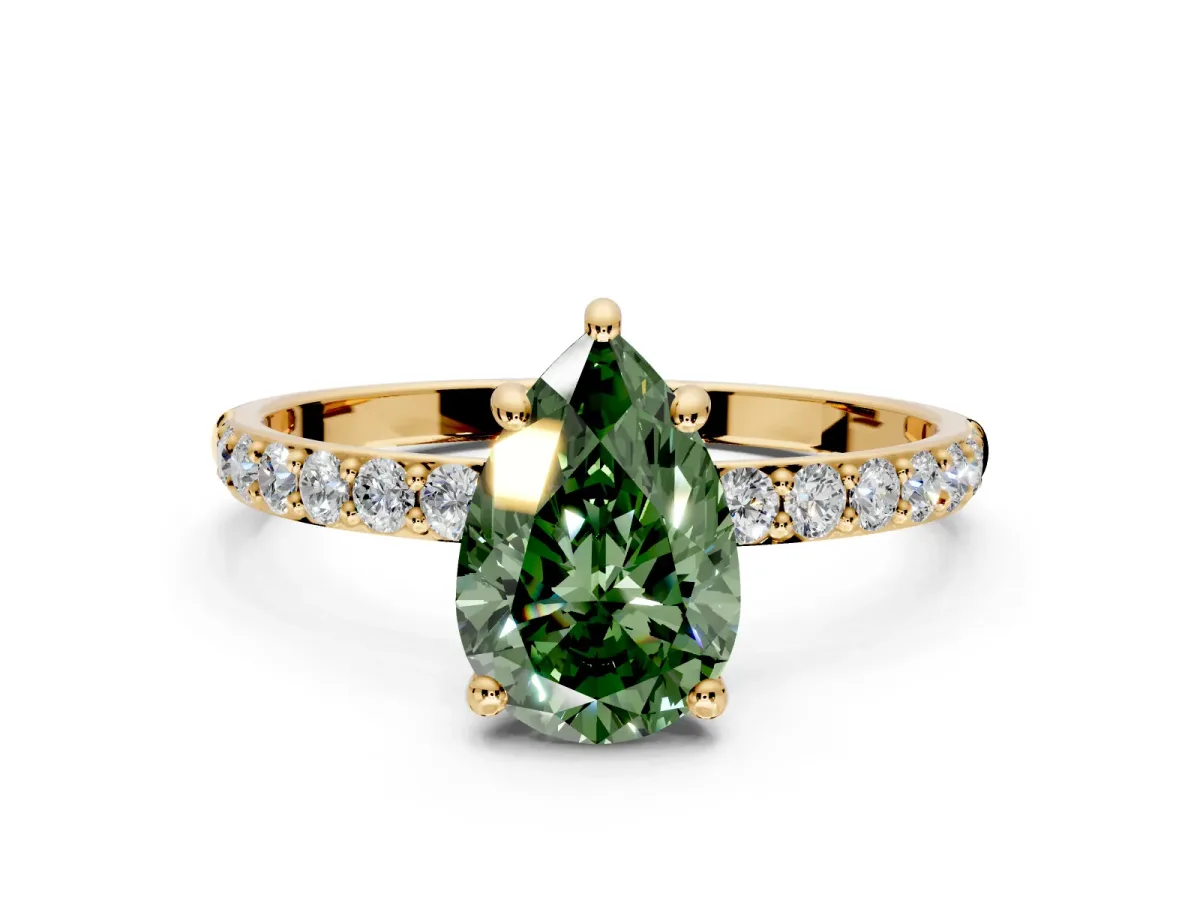 Solitaire Engagement Ring Setting for Fancy Green Pear-Shaped Center with Pave Accents and Prong Head in Yellow Gold