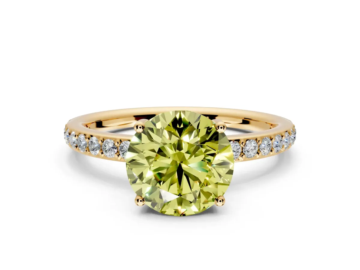 Solitaire Engagement Ring Setting for Fancy Yellow Round Cut Center with Fine Pave Band and Prong Head in Yellow Gold
