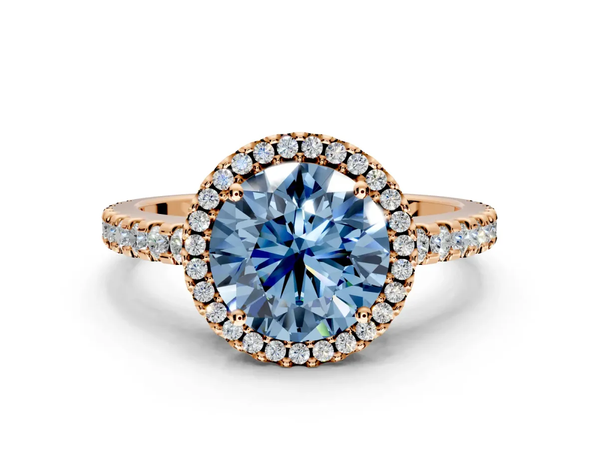 Accent Halo Engagement Ring Setting for Fancy Blue Round Cut Center with Full-Length Pave Band and Prong Head in Rose Gold