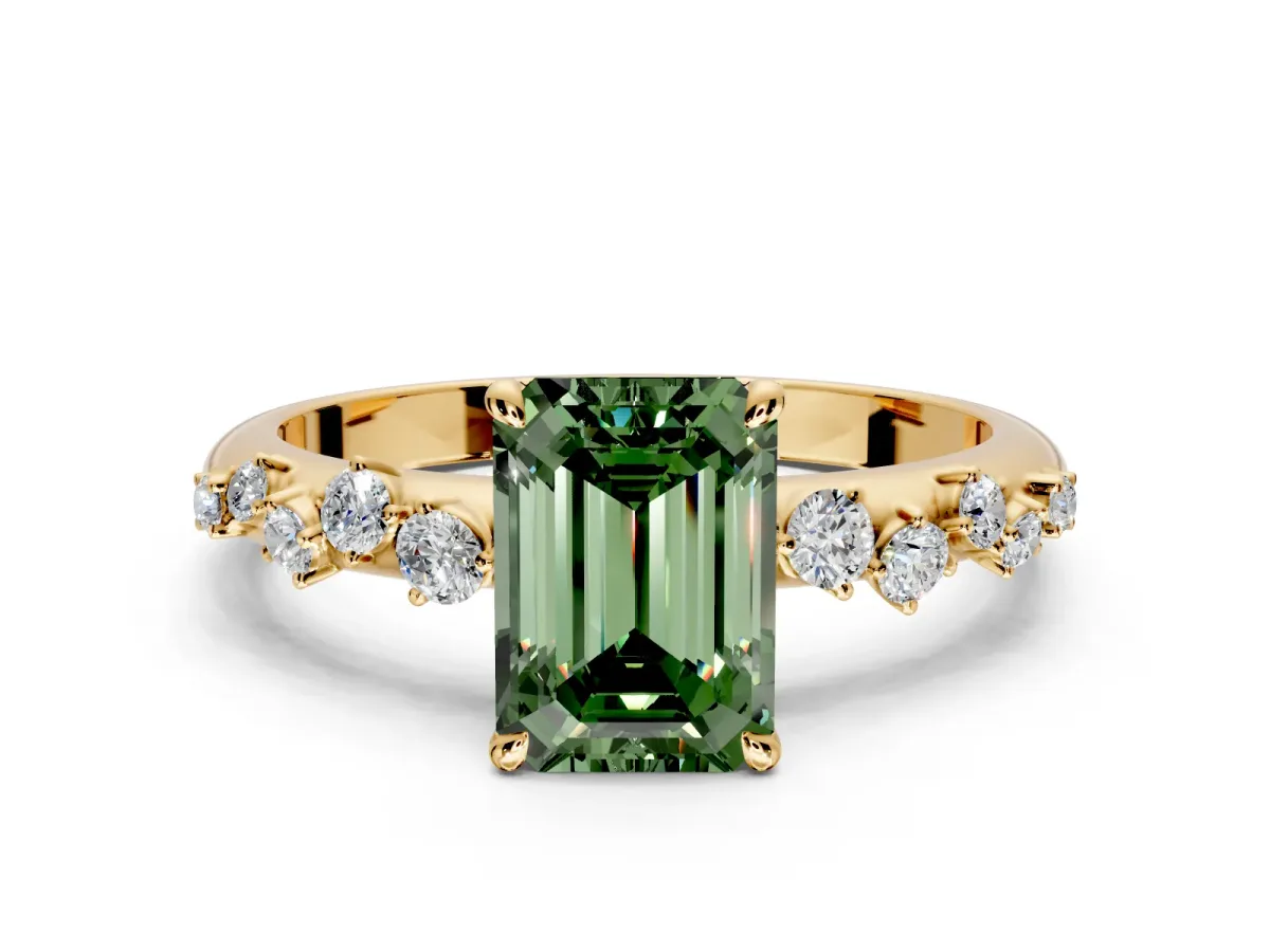 Cluster Engagement Ring Setting for Fancy Green Emerald Cut Center with Round Cut Accent Band and Prong Head in Yellow Gold