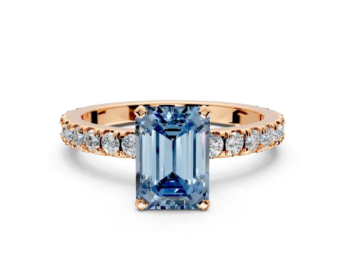 Solitaire Engagement Ring Setting for Fancy Blue Emerald Cut Center with Fine Pave Band and Claw Prong Head in Rose Gold