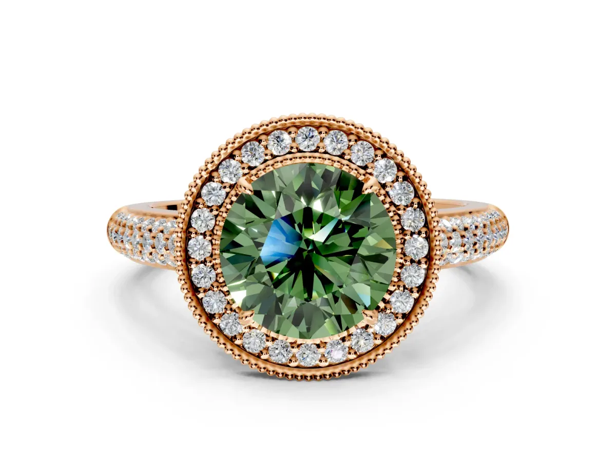 Milgrain Halo Engagement Ring Setting for Fancy Green Round Cut Center with Three-Sided Pave Band and Prong Head in Rose Gold