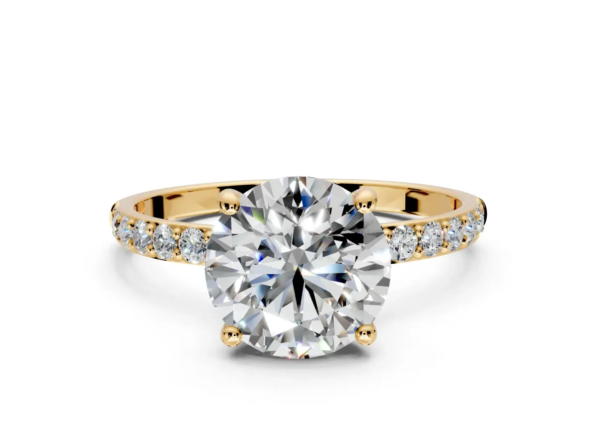 Solitaire Engagement Ring Setting for Round Cut Center with Pave Accents and Prong Head in Yellow Gold