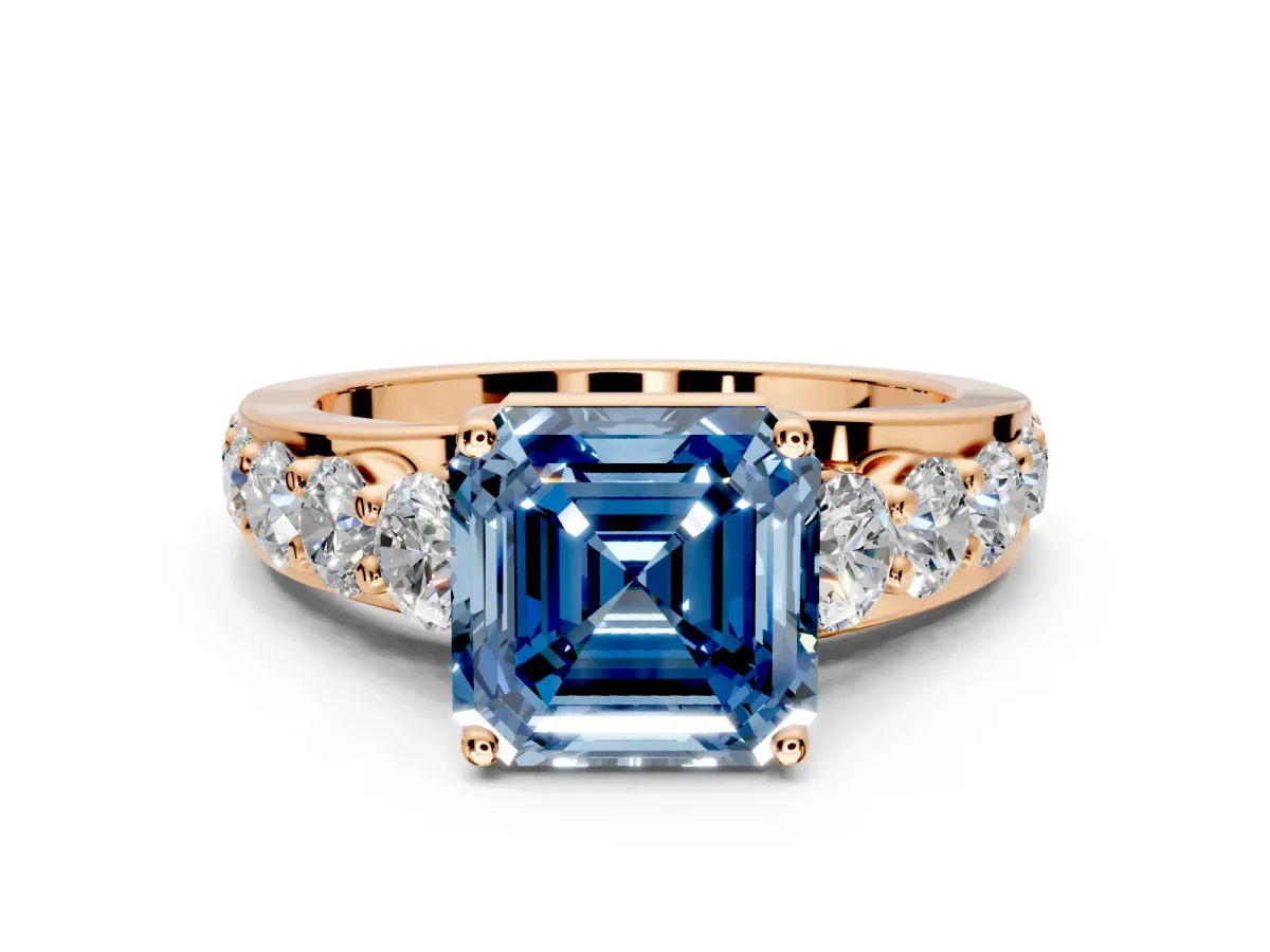 Solitaire Engagement Ring Setting for Fancy Blue Asscher Cut Center with Graduated Shared Prongs and Prong Head in Rose Gold