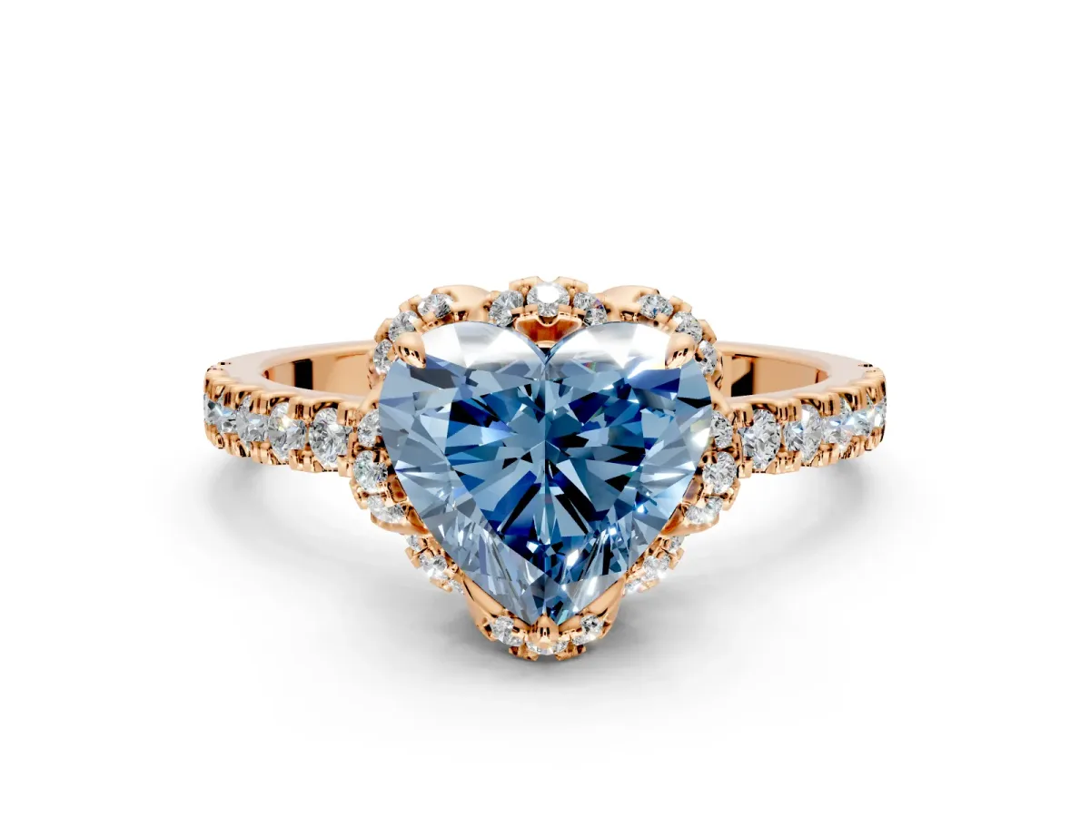 Halo Engagement Ring Setting for Fancy Blue Heart-Shaped Center with Openwork Halo, Pave Band and Prong Head in Rose Gold