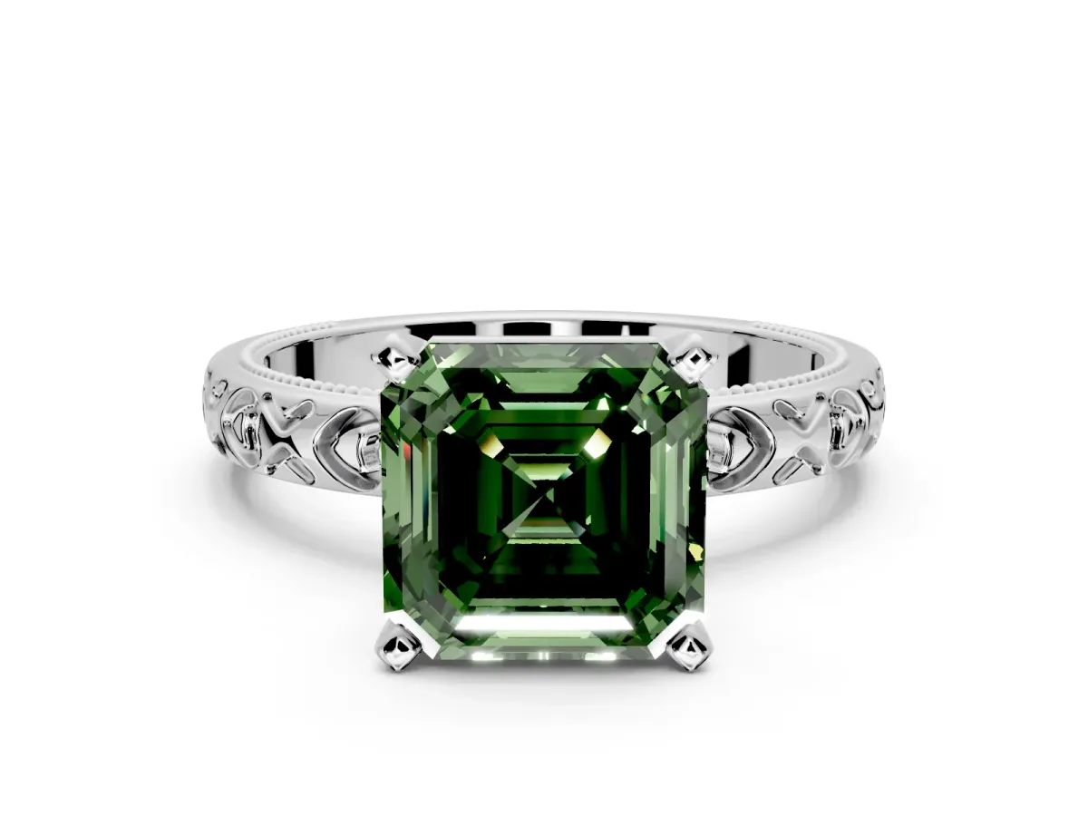 Solitaire Engagement Ring Setting for Fancy Green Asscher Cut Center with XO Engraved Band and Prong Head in Sterling Silver