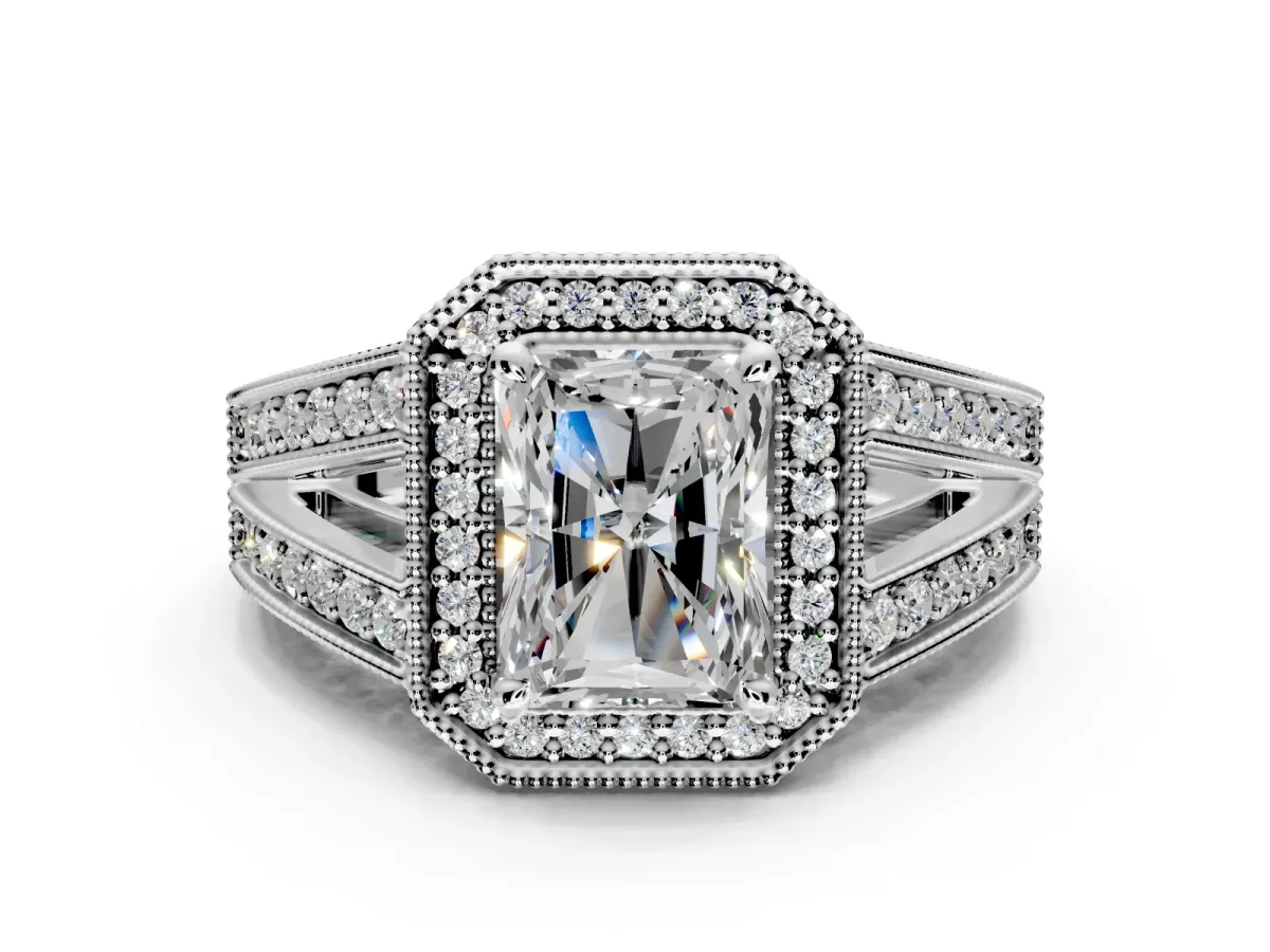 Halo Engagement Ring Setting for Radiant Cut Center with Milgrain Split Shank and Prong Head in Platinum