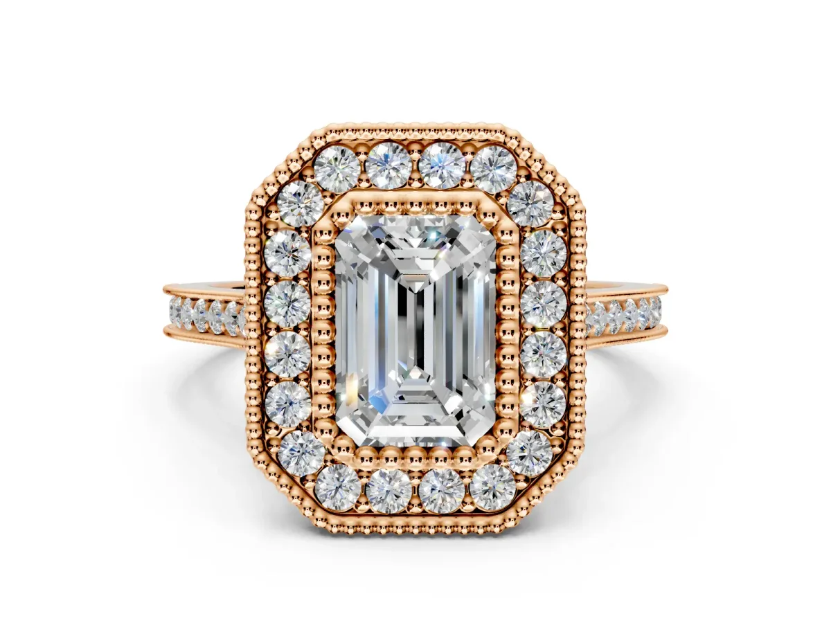 Halo Engagement Ring Setting for Emerald Cut Center with Milgrain Frame, Pave Band and Prong Head in Rose Gold