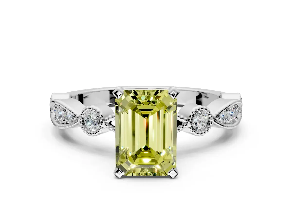 Solitaire Engagement Ring Setting for Fancy Yellow Emerald Cut Center with Milgrain Bezel Accents and Prong Head in Platinum