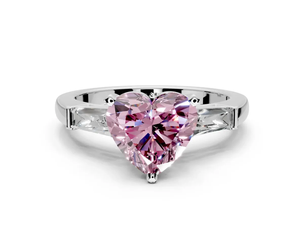 3 Stone Engagement Ring Setting for Fancy Pink Heart-Shaped Center with Tapered Baguettes, Plain Band and Prong Head in Platinum