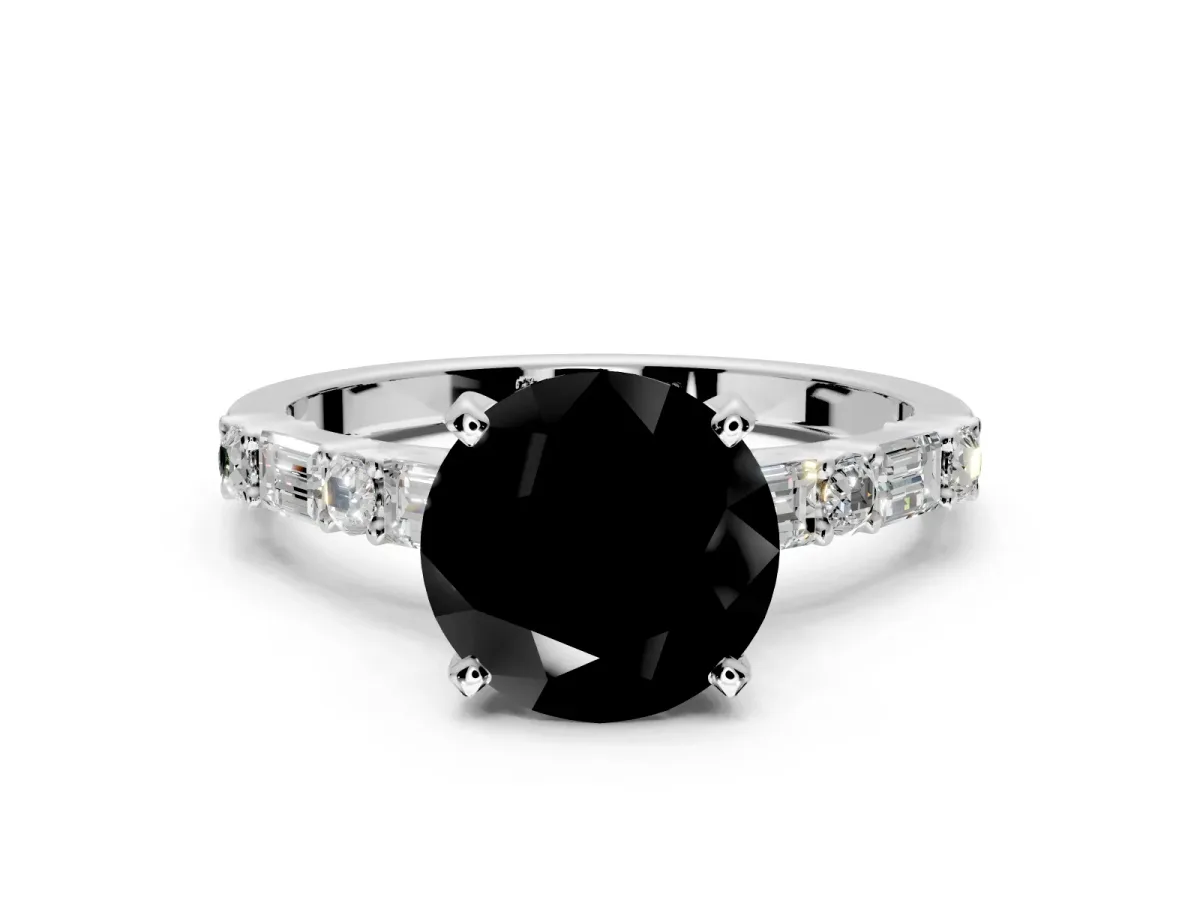 Baguette Engagement Ring Setting for Fancy Black Round Cut Center with Alternating Bar-Set Band and Prong Head in Sterling Silver