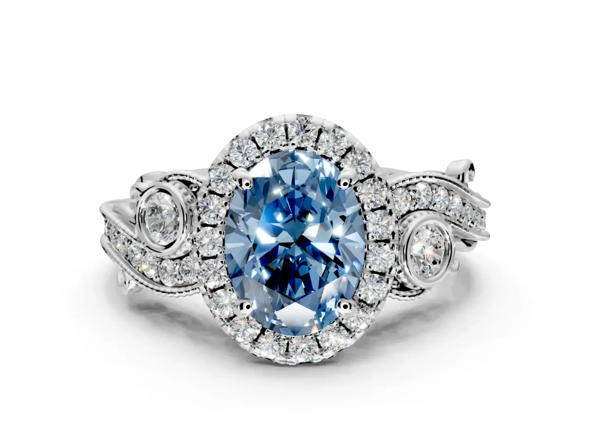 Milgrain Halo Engagement Ring Setting for Fancy Blue Oval Center with Shoulder Bezels and Prong Head in Sterling Silver
