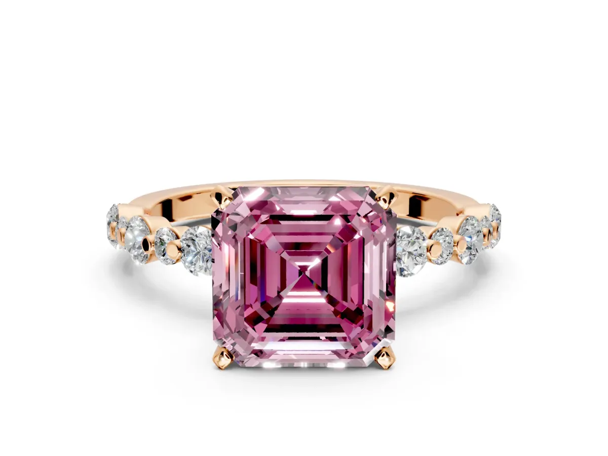 Solitaire Engagement Ring Setting for Fancy Pink Asscher Cut Center with Alternating Size Accents and Prong Head in Rose Gold