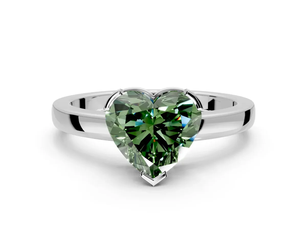 Solitaire Engagement Ring Setting for Fancy Green Heart-Shaped Center with Plain Band and Flat Tab Prong Head in Platinum