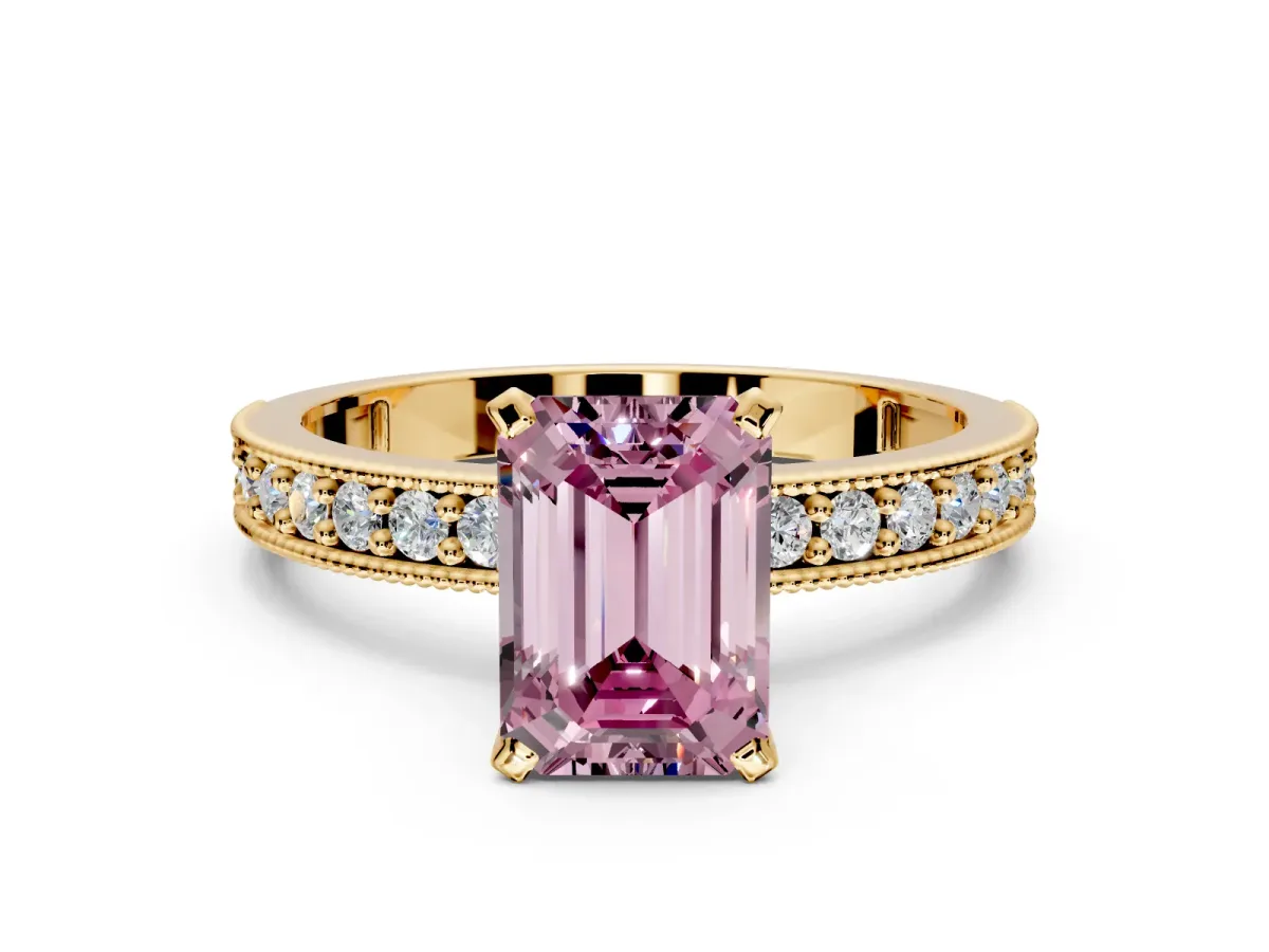Milgrain Pave Engagement Ring Setting for Fancy Pink Emerald Cut Center with Accent Band and Prong Head in Yellow Gold