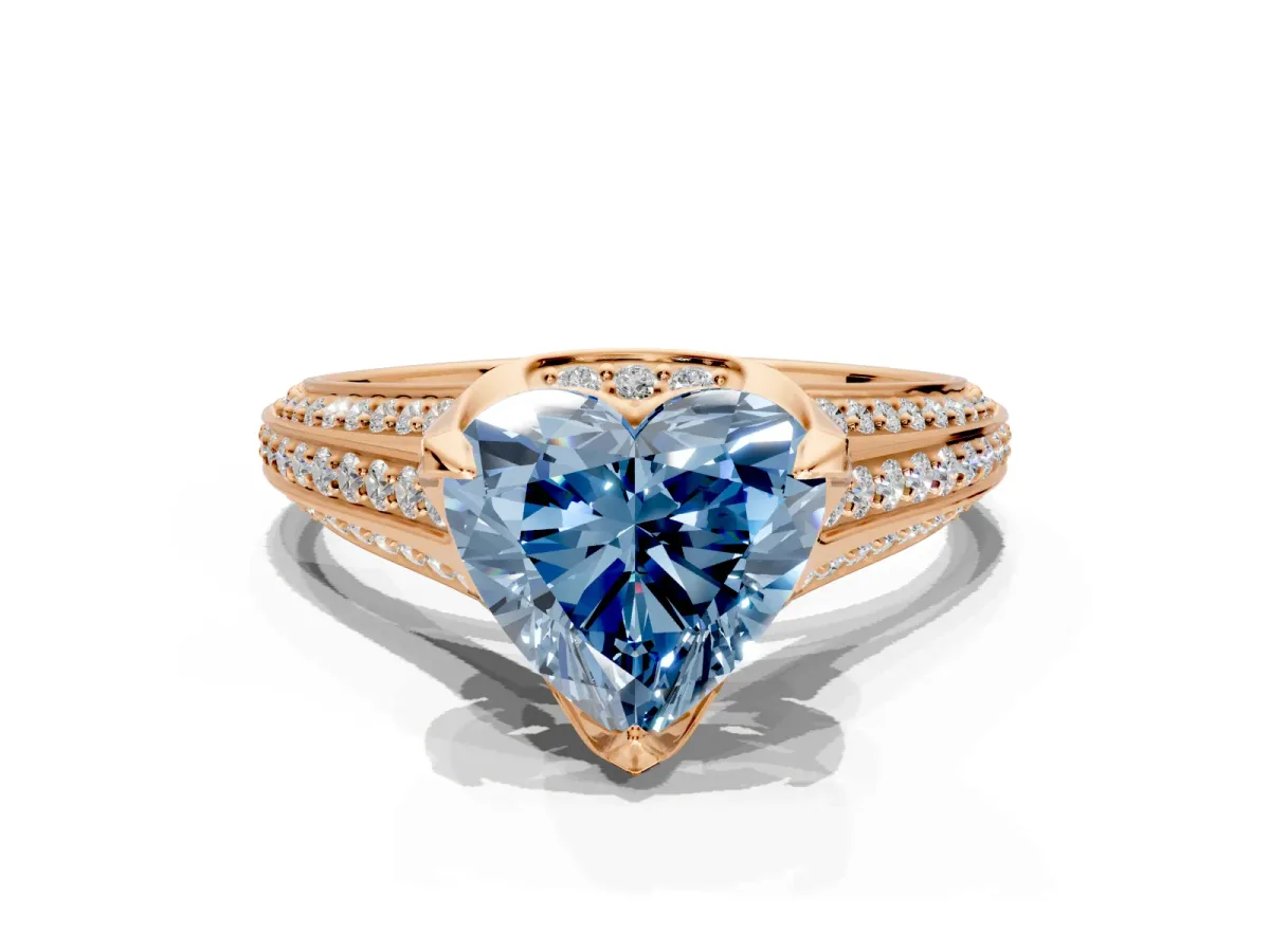 Solitaire Engagement Ring Setting for Fancy Blue Heart-Shaped Center with Accented Split Shank and Prong Head in Rose Gold