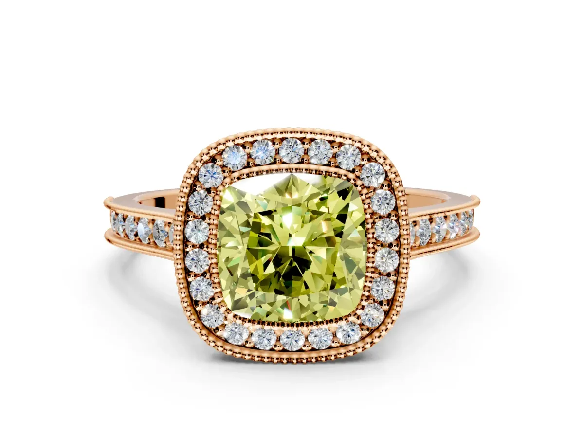 Halo Engagement Ring Setting for Fancy Yellow Cushion Cut Center with Milgrain Pave Band and Bezel Head in Rose Gold