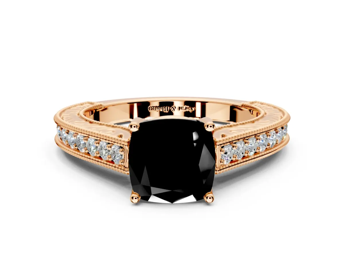 Solitaire Engagement Ring Setting for Fancy Black Cushion Cut Center with Engraved Pave Band and Prong Head in Rose Gold