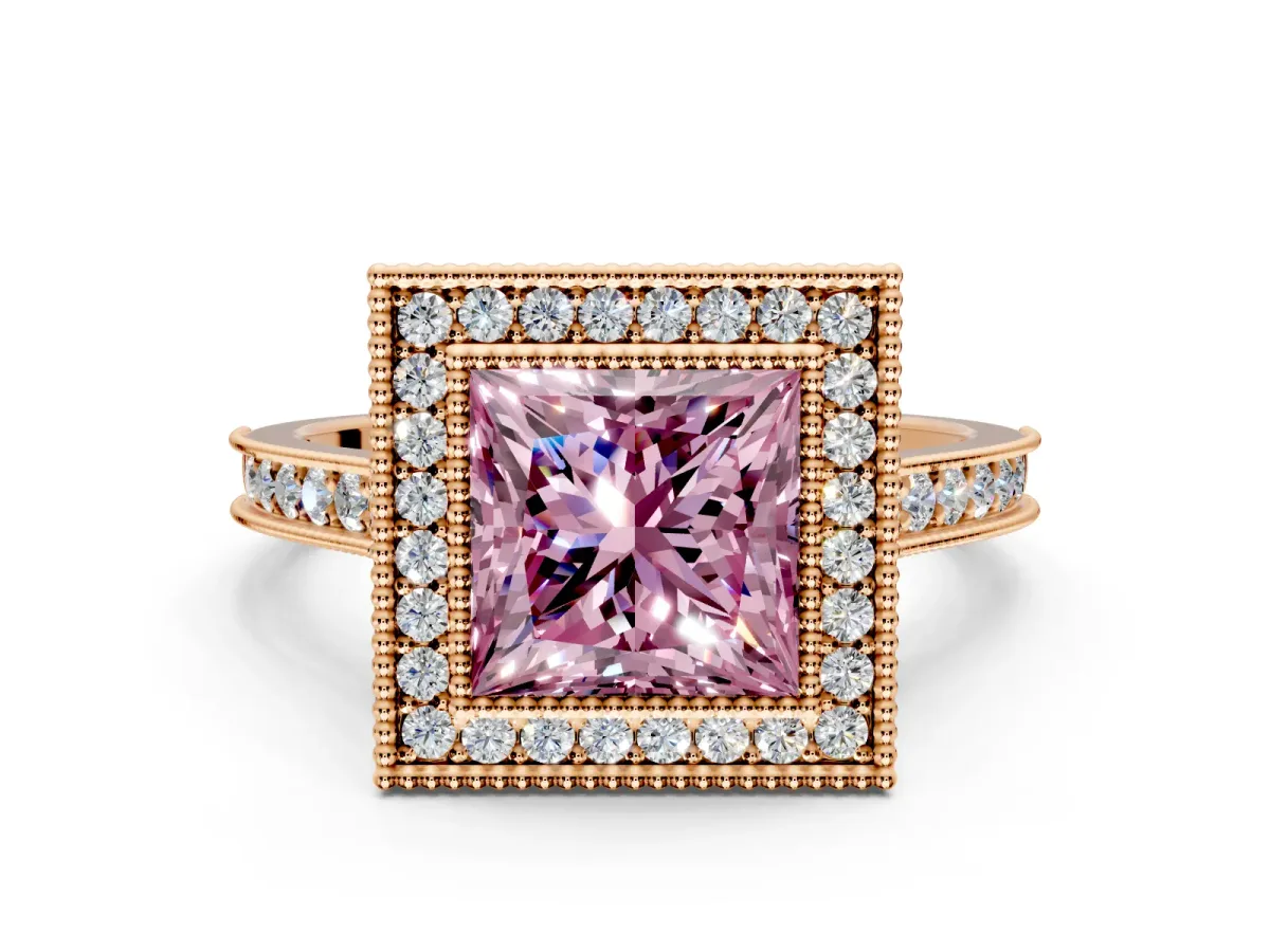 Halo Engagement Ring Setting for Fancy Pink Princess Cut Center with Milgrain Pave Band and Bezel Head in Rose Gold