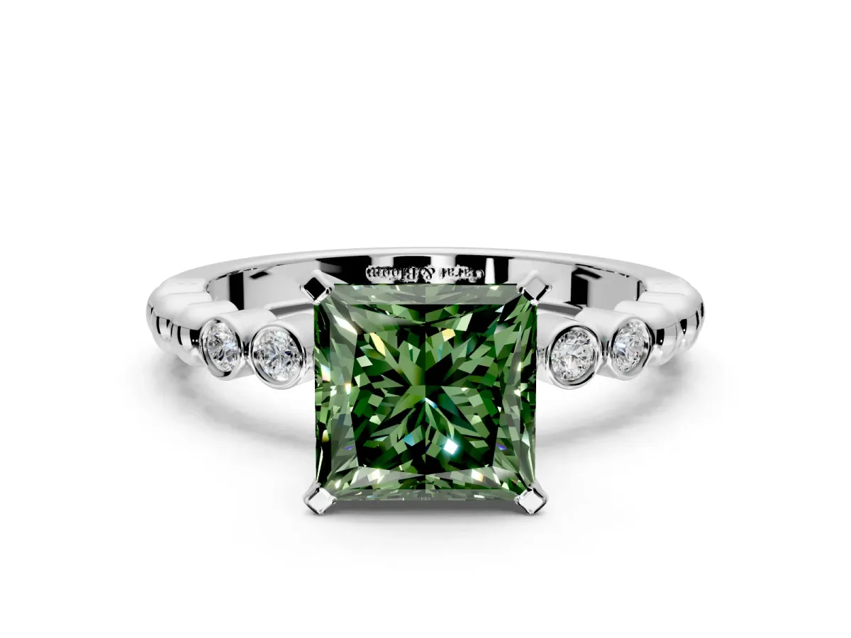 Solitaire Engagement Ring Setting for Fancy Green Princess Cut Center with Bezel-Dot Beaded Band and Prong Head in Sterling Silver