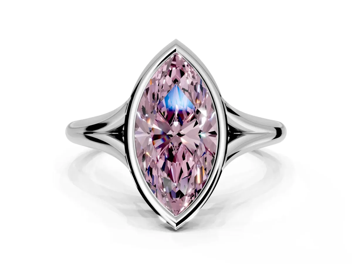 Solitaire Engagement Ring Setting for Fancy Pink Marquise Center with V Split Shank and Bezel Head in Sterling Silver