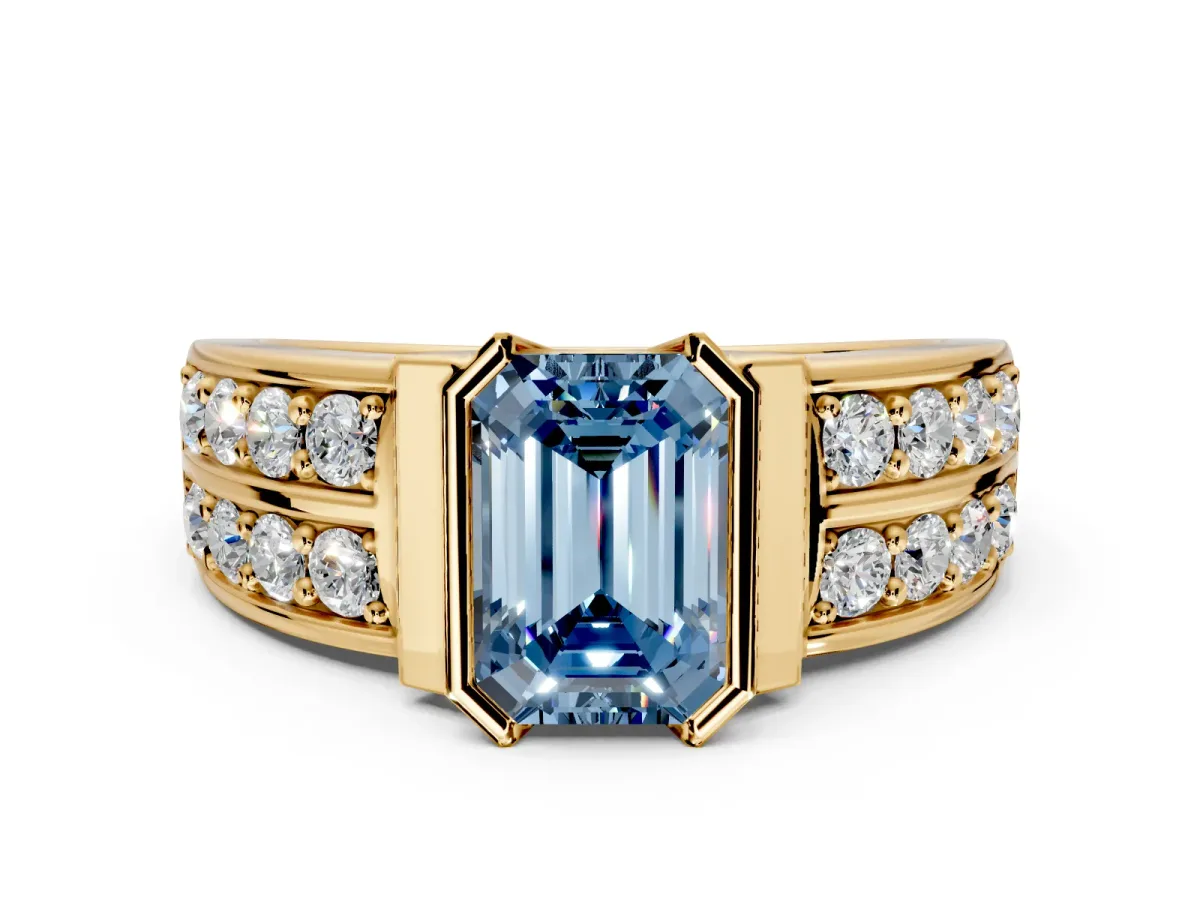 Bezel Engagement Ring Setting for Fancy Blue Emerald Cut Center with Wide Channel-Set Band and Bezel Head in Yellow Gold