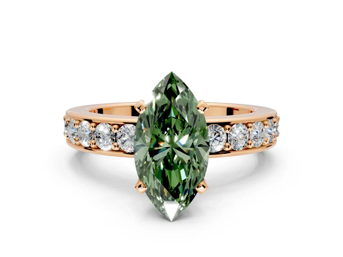 Solitaire Engagement Ring Setting for Fancy Green Marquise Center with Channel-Set Accents and Prong Head in Rose Gold