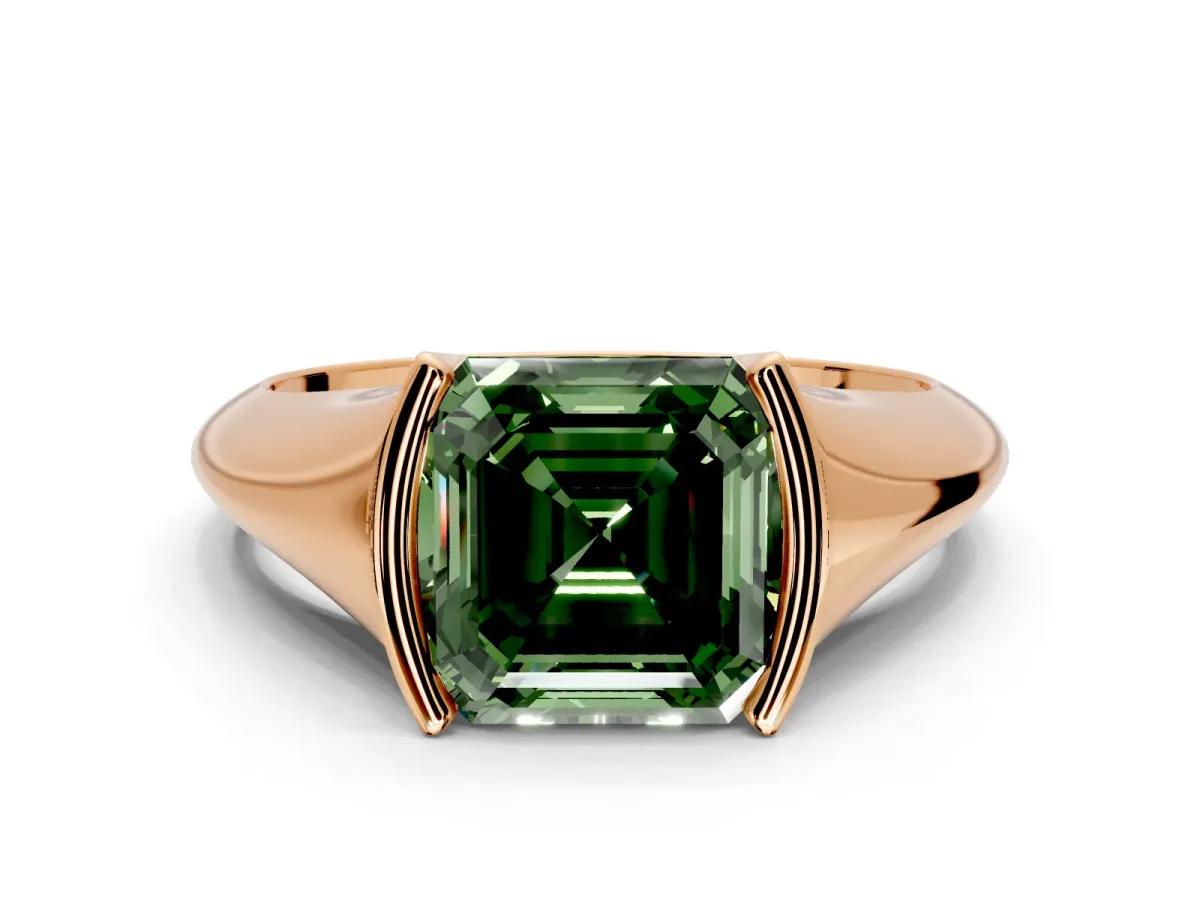 Tension Engagement Ring Setting for Fancy Green Asscher Cut Center with Wide Tapered Band and Tension Head in Rose Gold