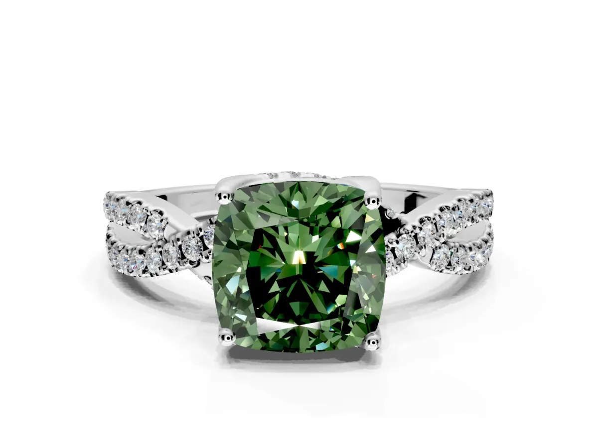 Solitaire Engagement Ring Setting for Fancy Green Cushion Cut Center with Narrow Twist Pave Band and Prong Head in Sterling Silver