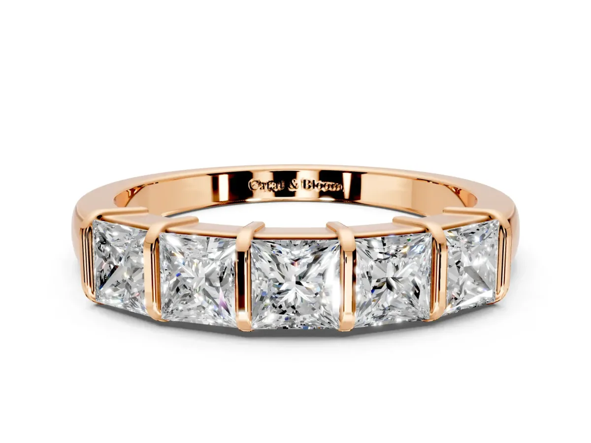 Princess Cut Lab-Grown Diamond 5 Stone Channel Wedding Band with Bar Prongs in Rose Gold