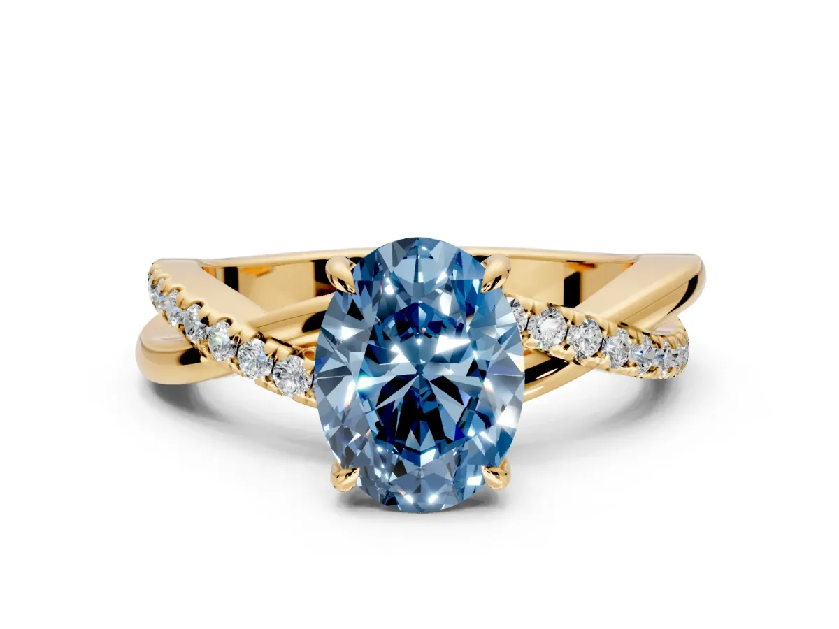 Crossover Engagement Ring Setting for Fancy Blue Oval Center with Pave and Plain Strands and Prong Head in Yellow Gold