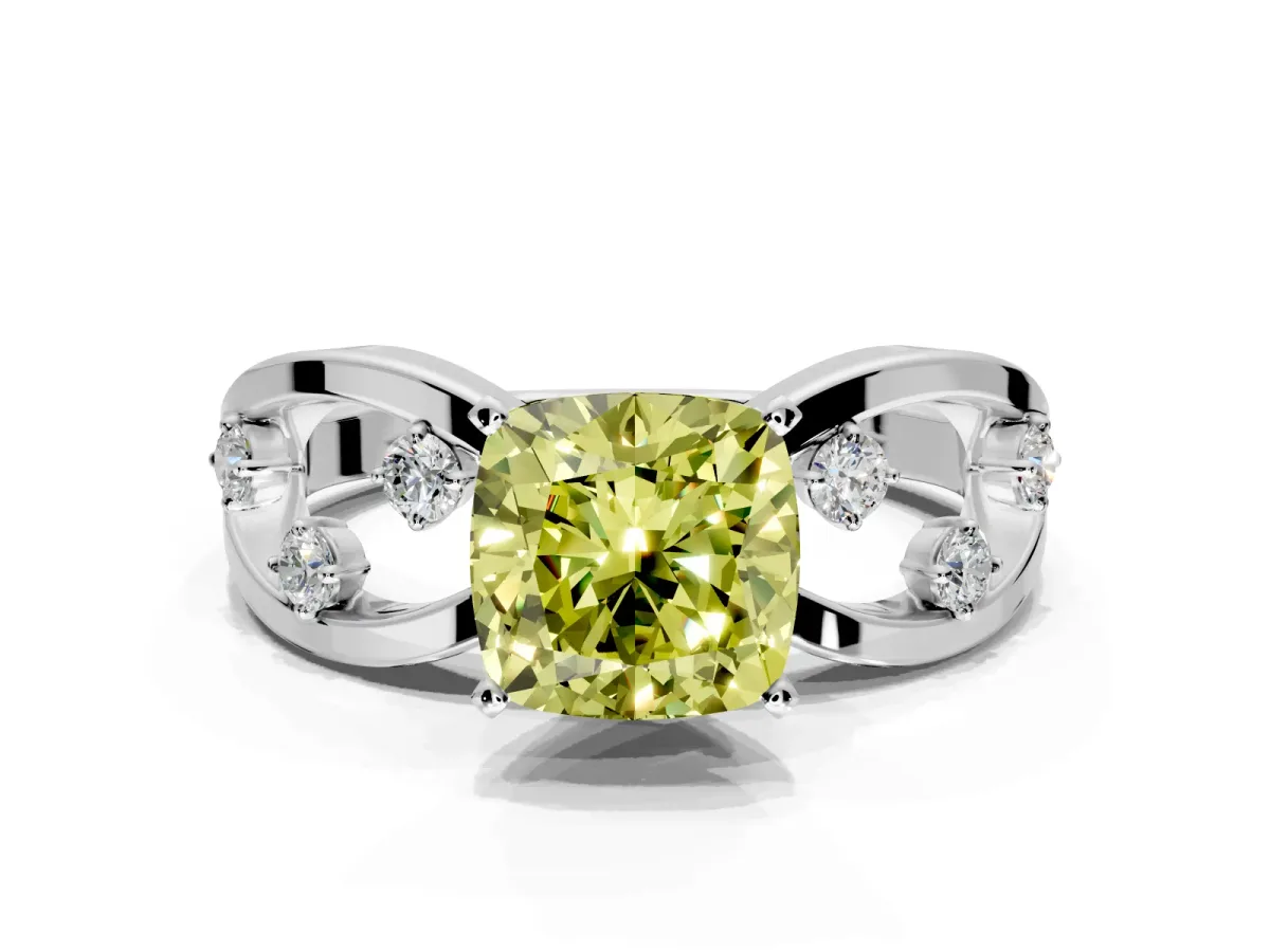 Solitaire Engagement Ring Setting for Fancy Yellow Cushion Cut Center with Criss-Cross Accent Band and Prong Head in Sterling Silver
