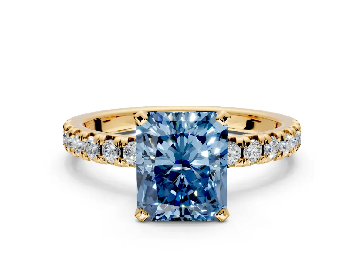 Solitaire Engagement Ring Setting for Fancy Blue Radiant Cut Center with Large Accents and Prong Head in Yellow Gold