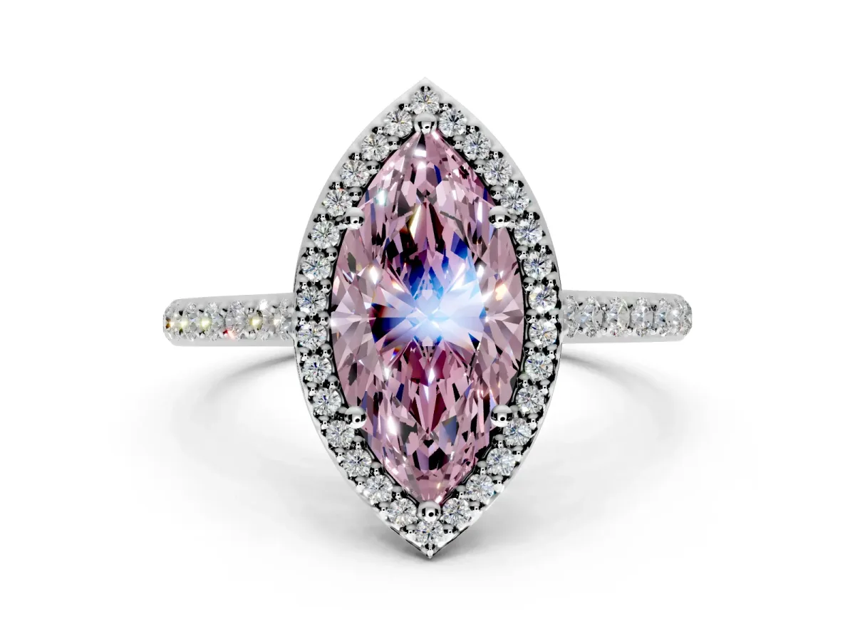 Halo Engagement Ring Setting for Fancy Pink Marquise Center with Pave Accents, Heart Basket and Prong Head in Platinum
