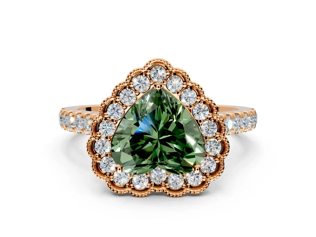 Milgrain Floral Halo Engagement Ring Setting for Fancy Green Heart-Shaped Center with Pave Band and Prong Head in Rose Gold