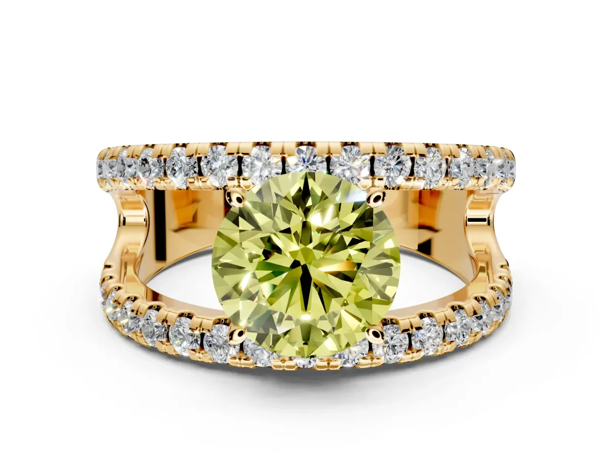 Solitaire Engagement Ring Setting for Fancy Yellow Round Cut Center with Wide-Open Split Shank and Prong Head in Yellow Gold
