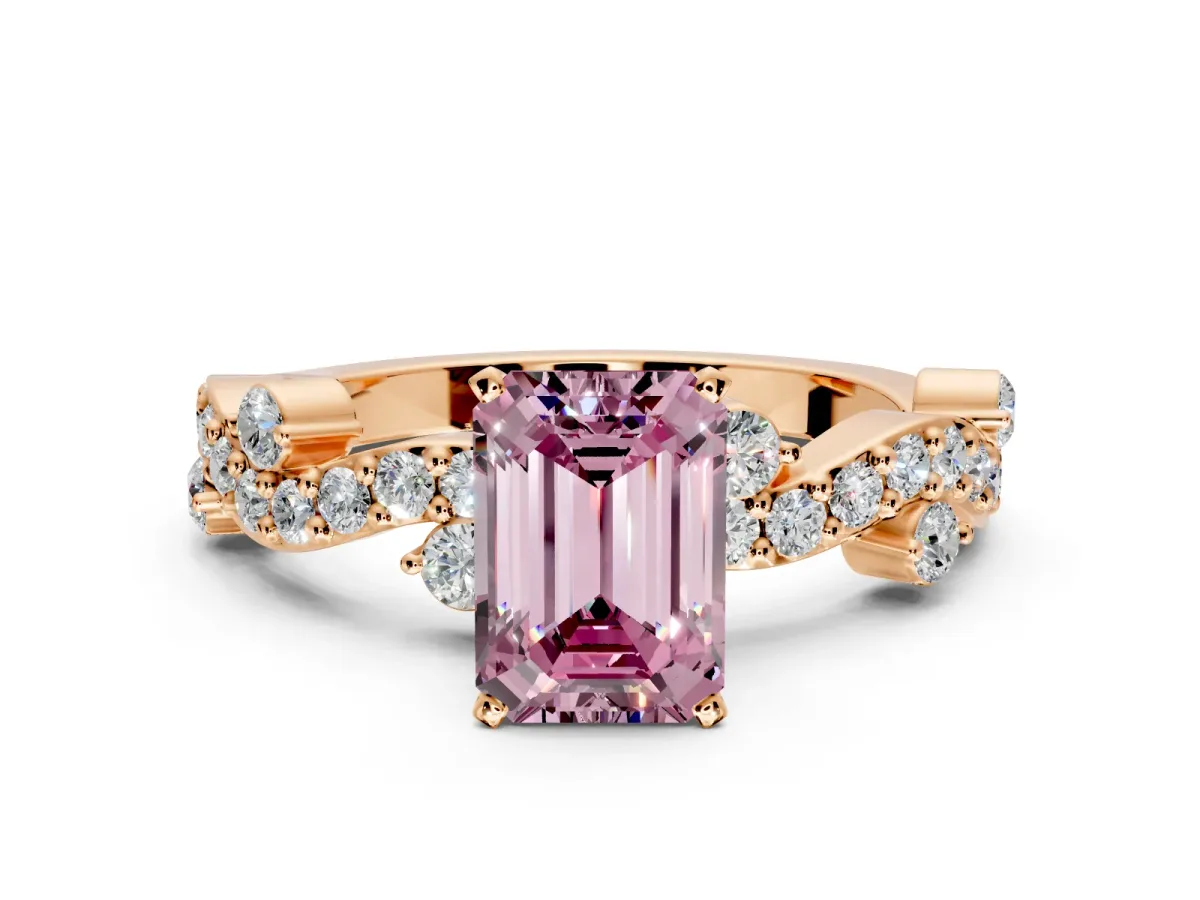 Solitaire Engagement Ring Setting for Fancy Pink Emerald Cut Center with Bar-Station Pave Twist and Prong Head in Rose Gold