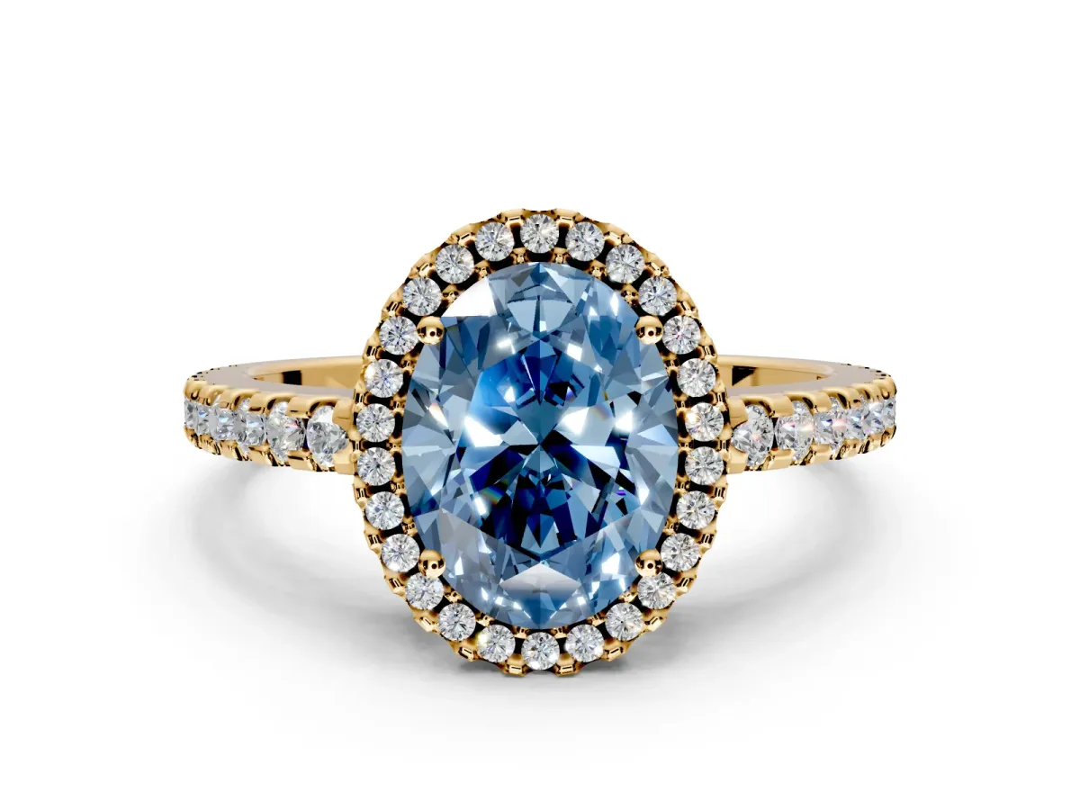 Accent Halo Engagement Ring Setting for Fancy Blue Oval Center with Full-Length Pave Band and Prong Head in Yellow Gold